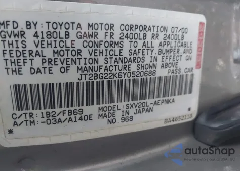 2000 Toyota Camry Le from USA, damaged, VIN JT2BG22K6Y0520688